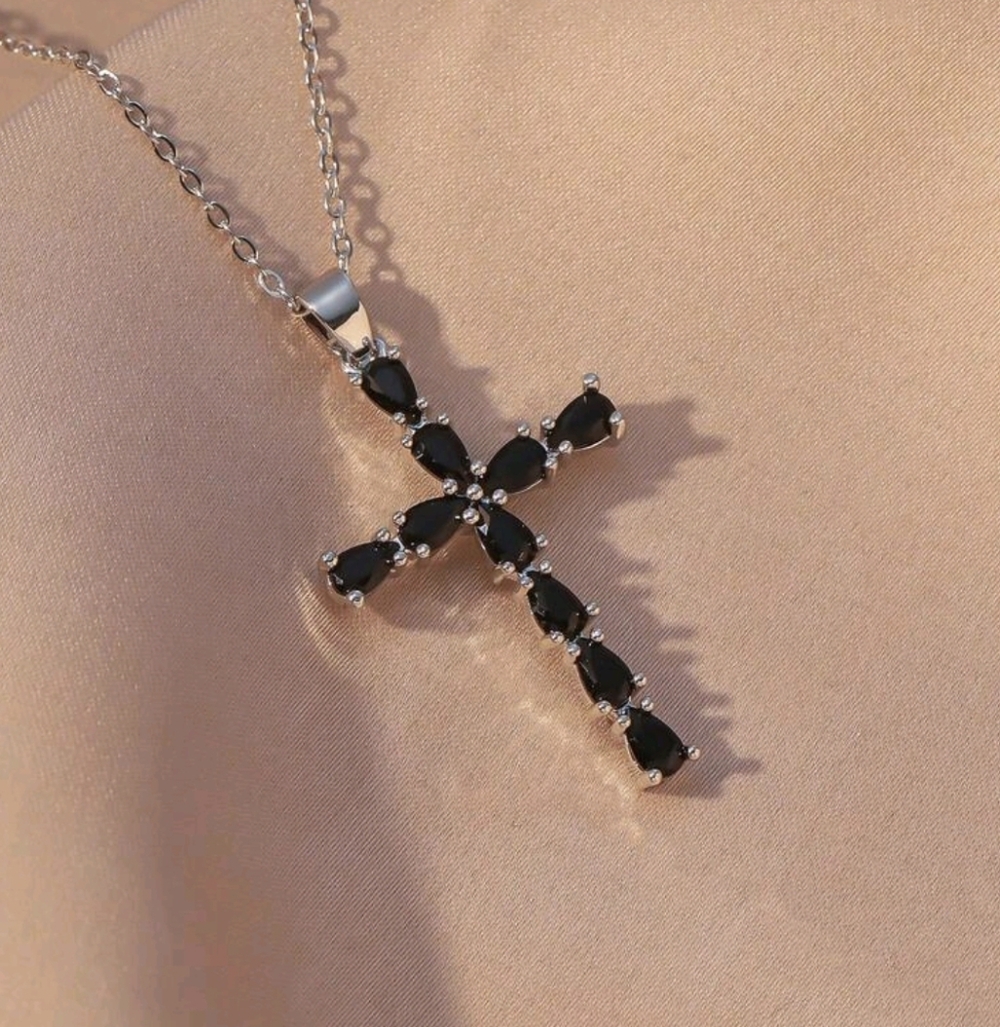 Black Teardrop Cross Pendant Necklace - Women Jewelry